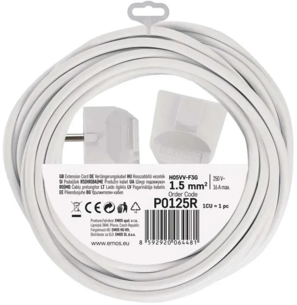 Emos Ilgintuvas P0125R, 5 m, 1x2P+PE SCHUKO, balta, PVC, 1 vnt, 3 680 W, vaikų apsauga