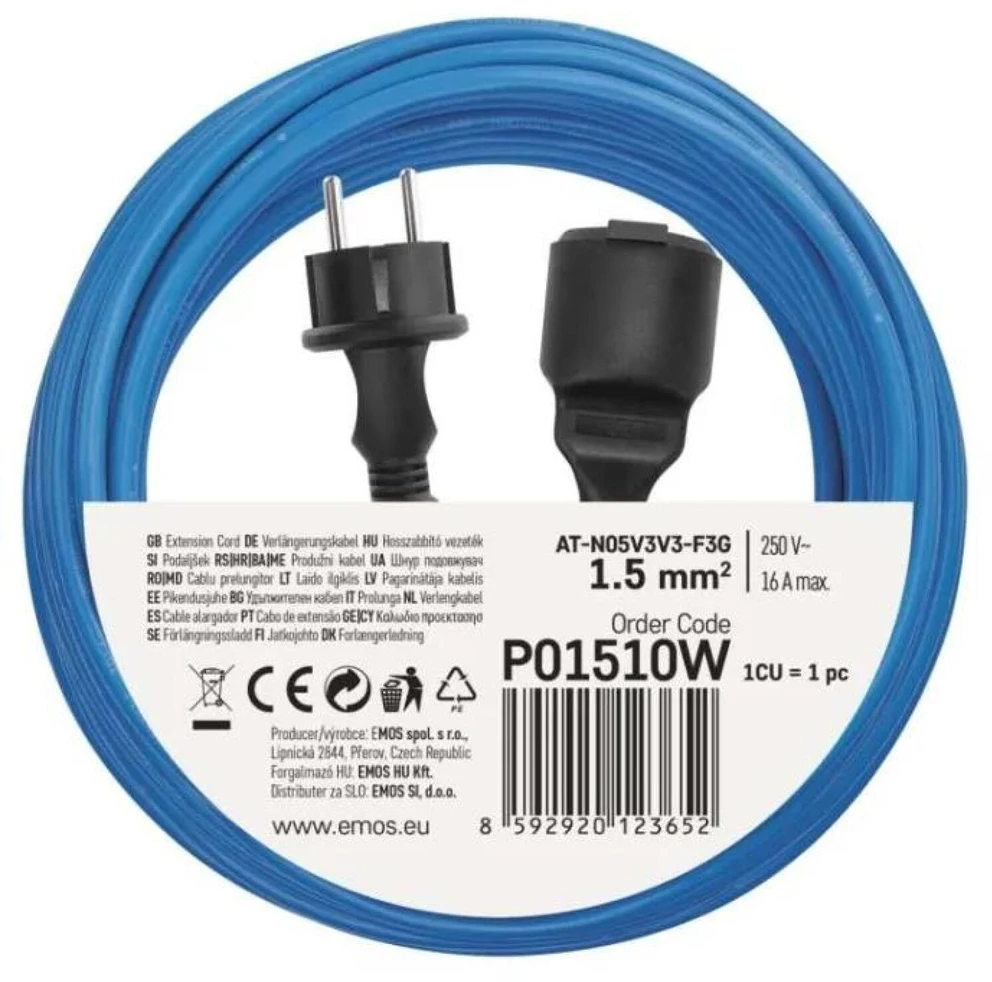 Emos Ilgintuvas P01510W, 10 m, mėlyna, 250 V, 16 A, 1 lizdas, IP44, PVC, vaikų apsauga