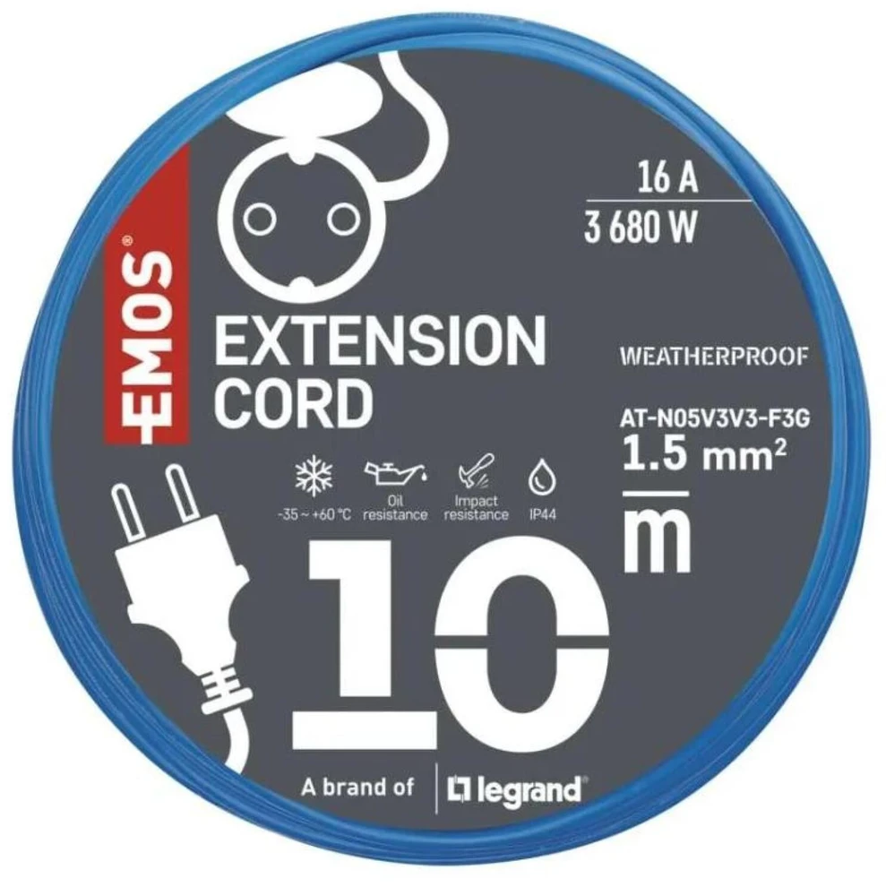 Emos Ilgintuvas P01510W, 10 m, mėlyna, 250 V, 16 A, 1 lizdas, IP44, PVC, vaikų apsauga