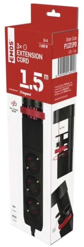 Emos Ilgintuvas P1321PD, 1,5 m, 3× 2P + PE, 2× USB-A QC 3.0 18 W, 1× USB-C PD 20 W, 3680 W, PVC, vaikų apsauga