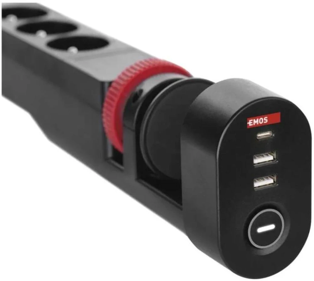 Emos Ilgintuvas P1321PD, 1,5 m, 3× 2P + PE, 2× USB-A QC 3.0 18 W, 1× USB-C PD 20 W, 3680 W, PVC, vaikų apsauga