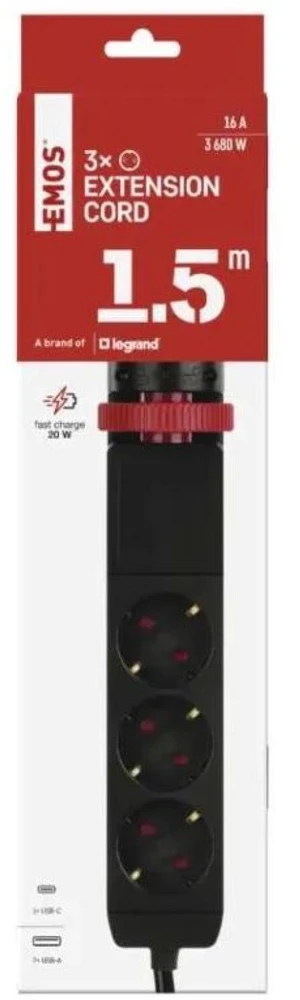 Emos Ilgintuvas P1321PD, 1,5 m, 3× 2P + PE, 2× USB-A QC 3.0 18 W, 1× USB-C PD 20 W, 3680 W, PVC, vaikų apsauga