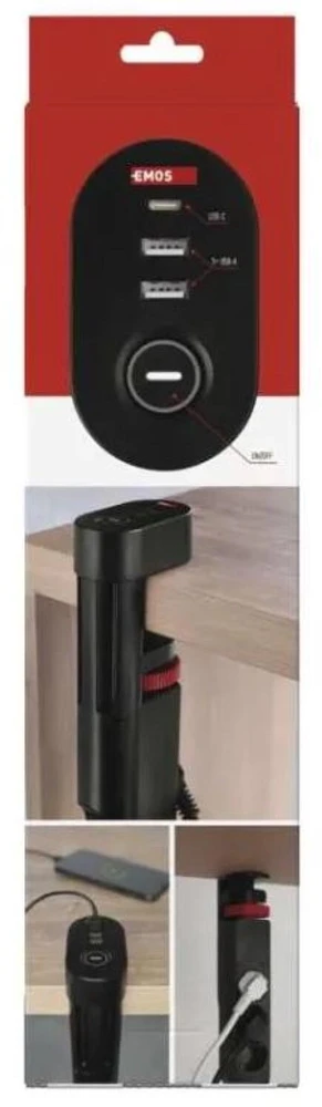 Emos Ilgintuvas P1321PD, 1,5 m, 3× 2P + PE, 2× USB-A QC 3.0 18 W, 1× USB-C PD 20 W, 3680 W, PVC, vaikų apsauga