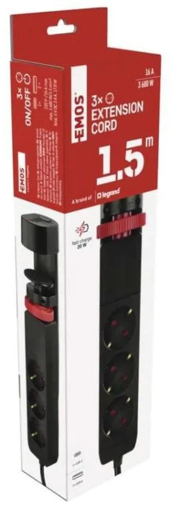 Emos Ilgintuvas P1321PD, 1,5 m, 3× 2P + PE, 2× USB-A QC 3.0 18 W, 1× USB-C PD 20 W, 3680 W, PVC, vaikų apsauga