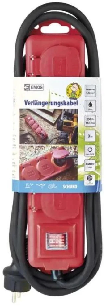 Ilgiklis 4 lizdų 3m IP44 3x1.5 mm² raudonas, guminis kabelis EMOS