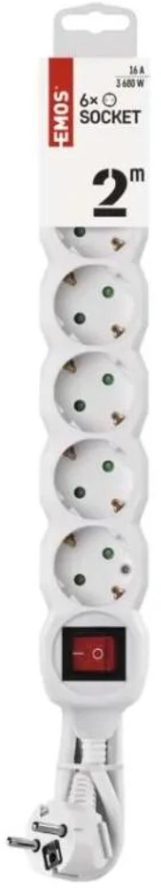 Emos Ilgintuvas P1622, 2m, 6x2P+PE, jungiklis, PVC, 2300W, vaikų apsauga