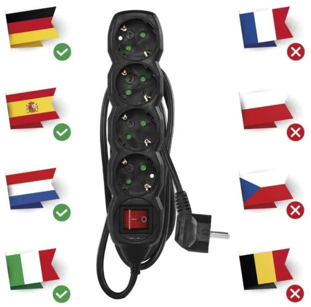 Emos Ilgintuvas PC1421R, 1,5m, 4x2P+PE, 3680W, PVC, su jungikliu, juoda, vaikų apsauga