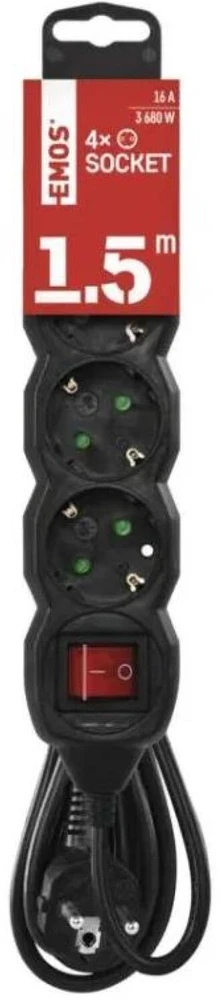 Emos Ilgintuvas PC1421R, 1,5m, 4x2P+PE, 3680W, PVC, su jungikliu, juoda, vaikų apsauga