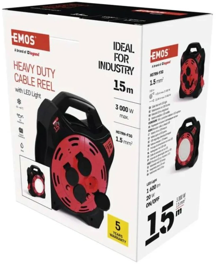 Emos Lauko prailginimo ritė P08215, 15 m, 4 lizdai, 230 V, 13 A, IP44, LED 20 W/1600 lm/6500 K