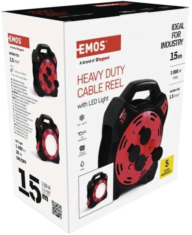 Emos Lauko prailginimo ritė P08215, 15 m, 4 lizdai, 230 V, 13 A, IP44, LED 20 W/1600 lm/6500 K