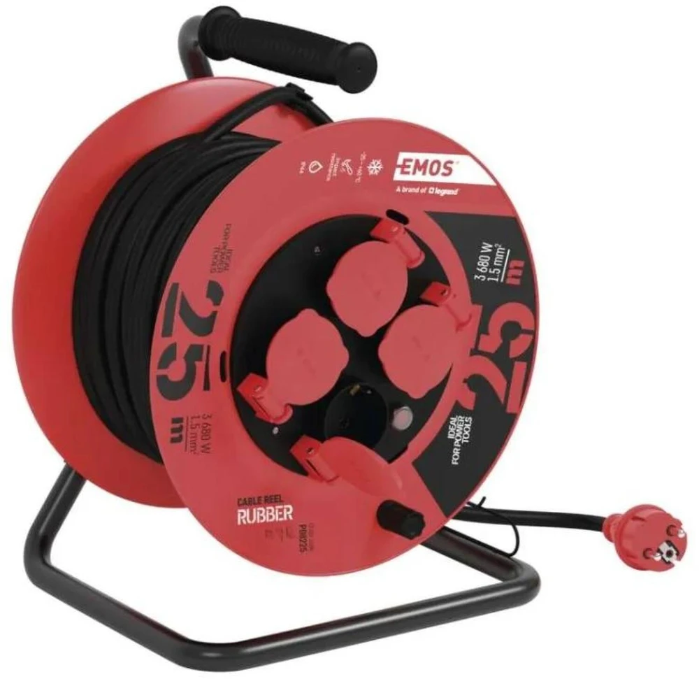 Emos Lauko prailginimo ritė P08225, 25 m, 4 lizdai, 230 V, 1,5 mm2, IP44, guma, šiluminis saugiklis