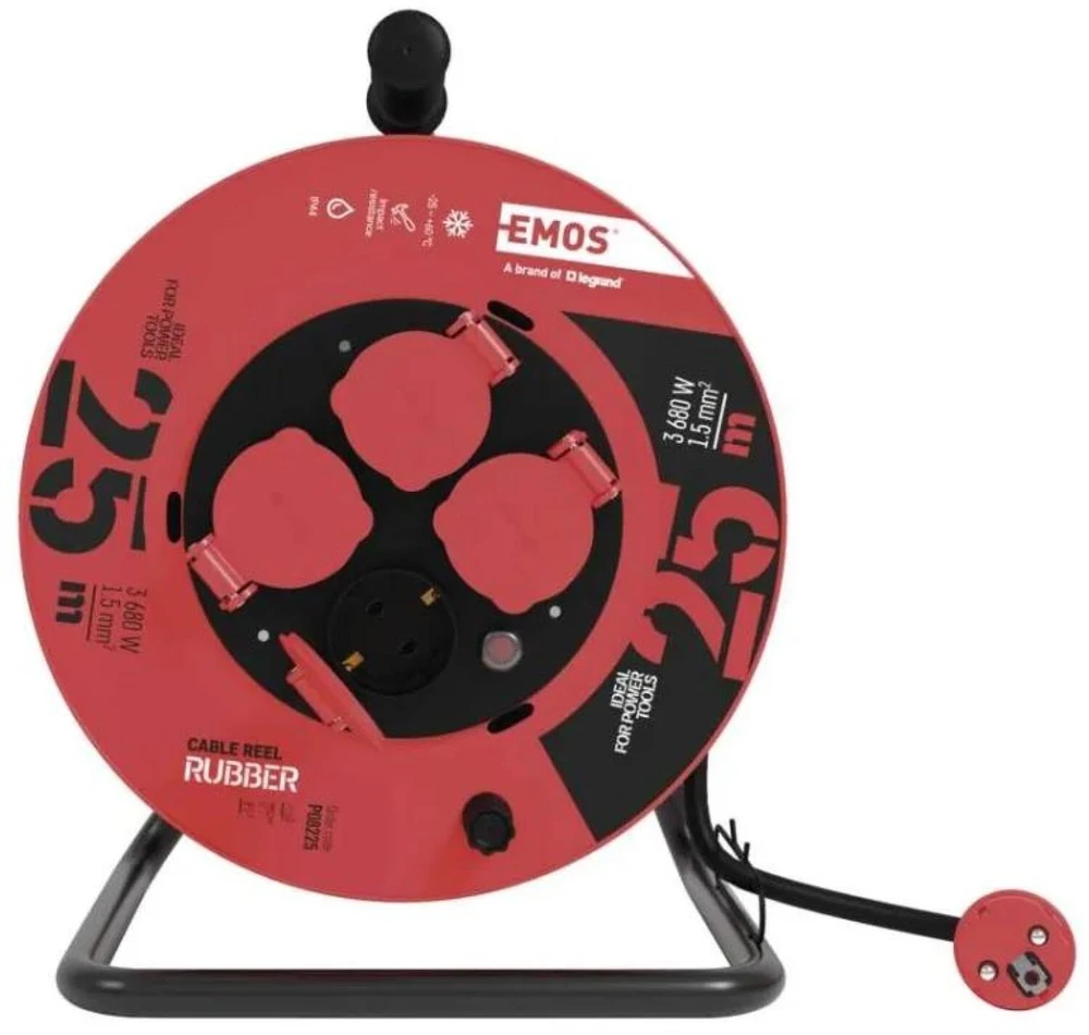 Emos Lauko prailginimo ritė P08225, 25 m, 4 lizdai, 230 V, 1,5 mm2, IP44, guma, šiluminis saugiklis