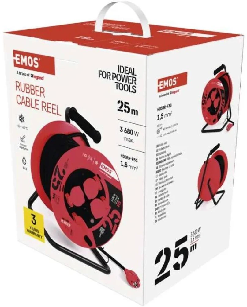 Emos Lauko prailginimo ritė P08225, 25 m, 4 lizdai, 230 V, 1,5 mm2, IP44, guma, šiluminis saugiklis
