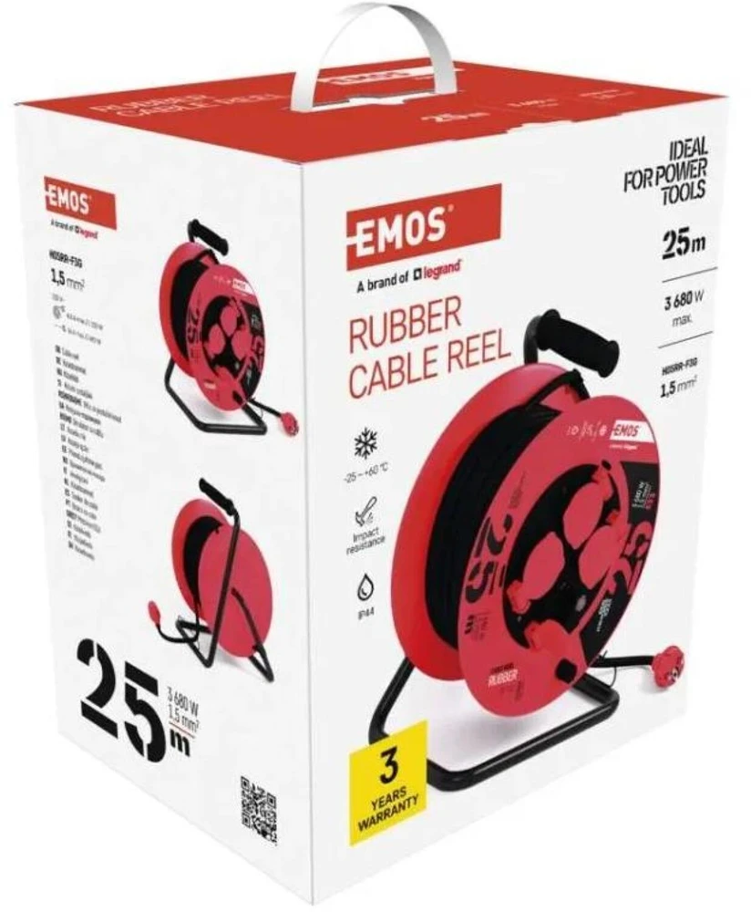 Emos Lauko prailginimo ritė P08225, 25 m, 4 lizdai, 230 V, 1,5 mm2, IP44, guma, šiluminis saugiklis