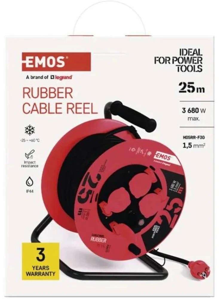 Emos Lauko prailginimo ritė P08225, 25 m, 4 lizdai, 230 V, 1,5 mm2, IP44, guma, šiluminis saugiklis
