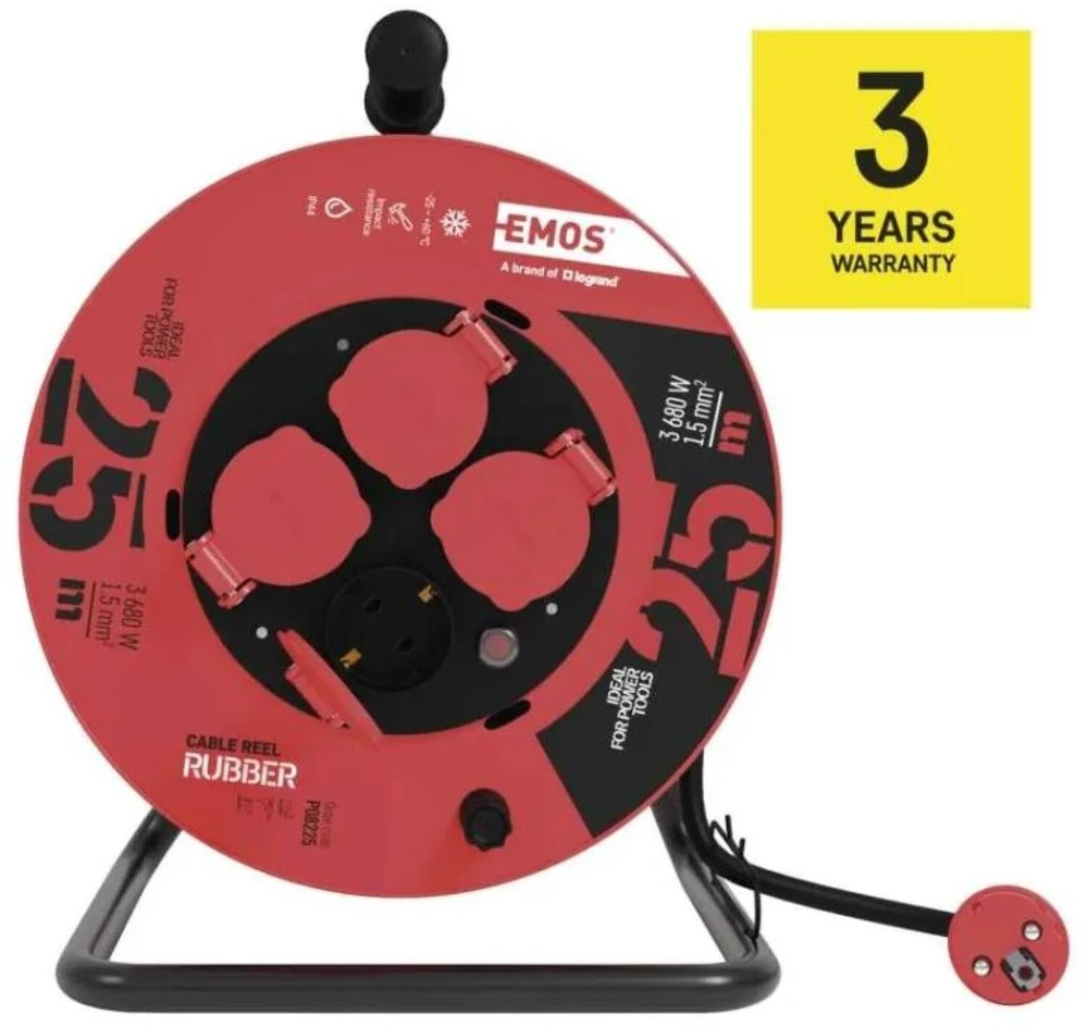 Emos Lauko prailginimo ritė P08225, 25 m, 4 lizdai, 230 V, 1,5 mm2, IP44, guma, šiluminis saugiklis