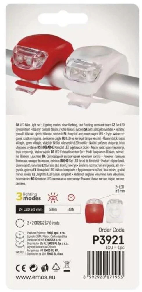 „Emos“ LED priekinis galinis dviračio žibintas P3921 ant 2 × CR2032, 10 lm
