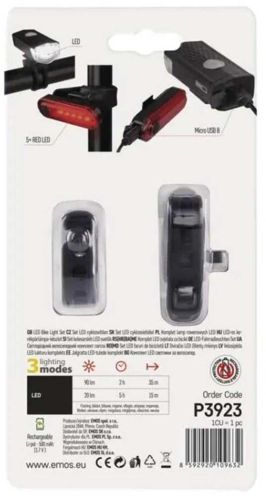 Emos LED Front Rear Rechargeable Bike Flashlight P3923, 90 lm