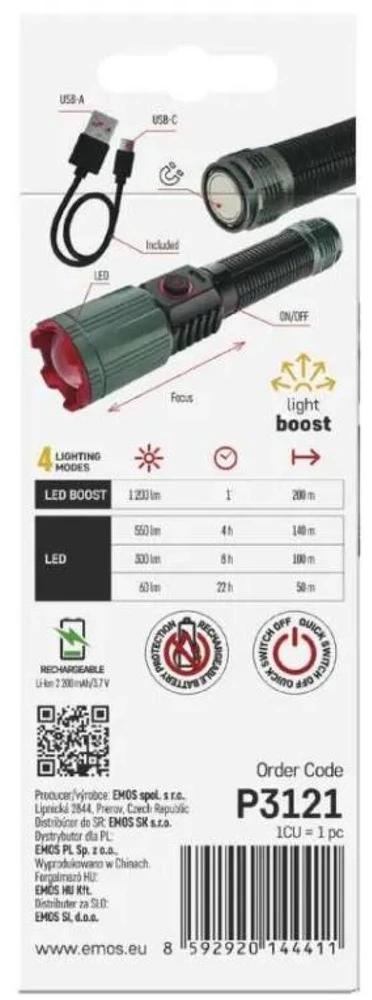 Emos LED įkraunamas metalinis žibintas P3121, 1200 lm, 2200 mAh, aliuminis, 4 režimai, IP43