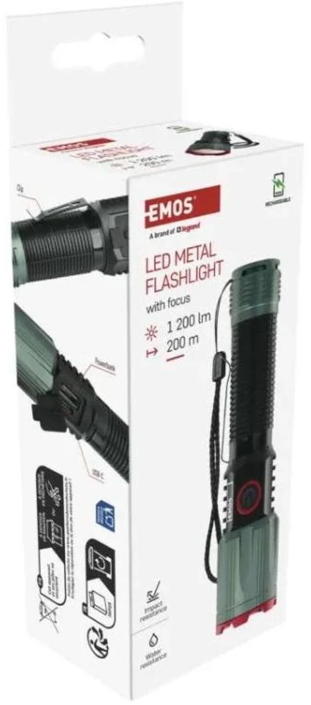 Emos LED įkraunamas metalinis žibintas P3121, 1200 lm, 2200 mAh, aliuminis, 4 režimai, IP43