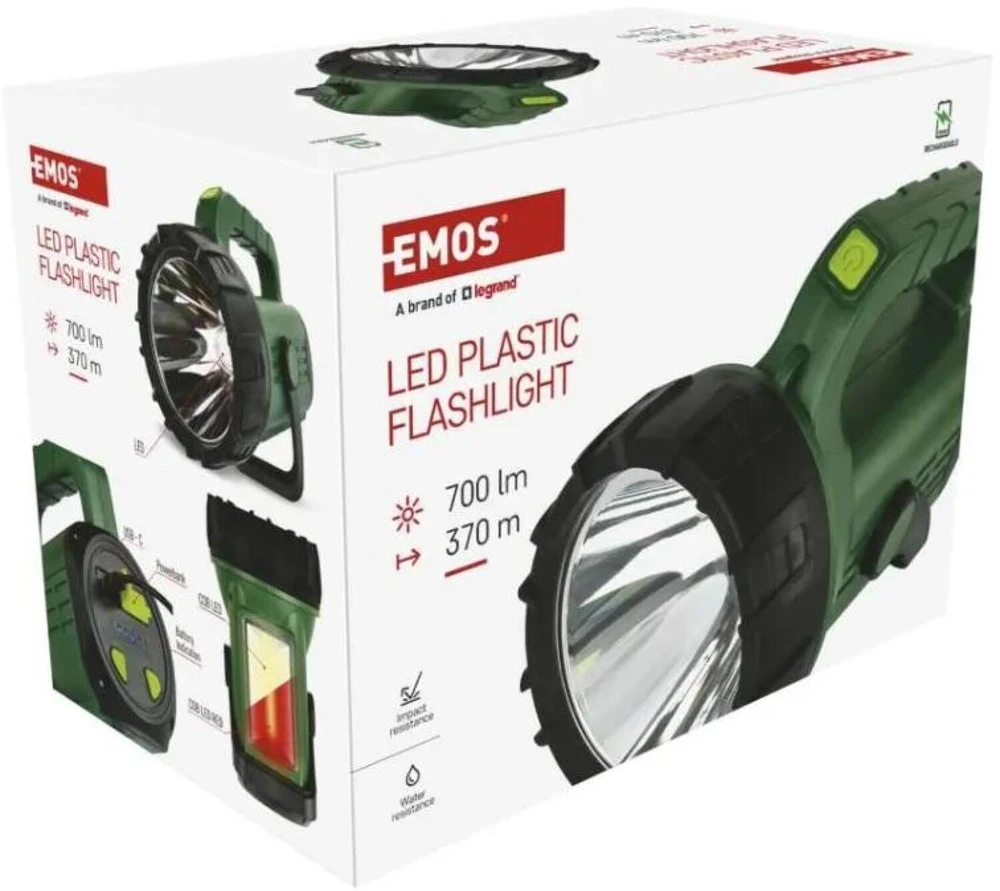 Emos LED įkraunamas žibintas P2315, 700 lm, 3600 mAh, 10+ režimų, USB C, IP43, smūgiams atsparus, akumuliatoriaus indikatorius