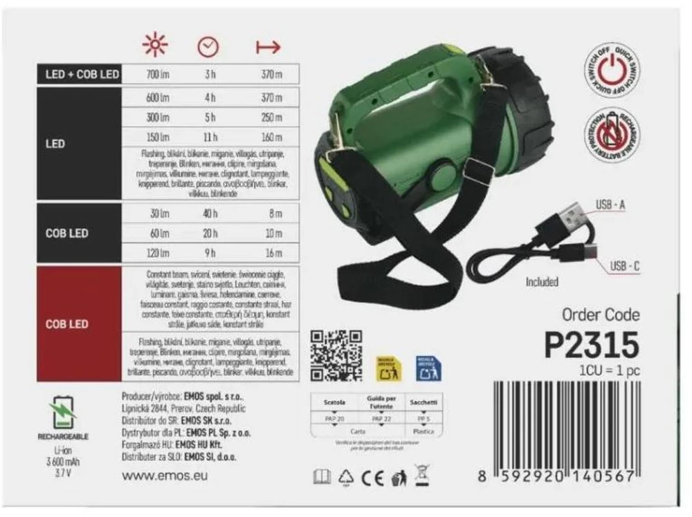 Emos LED įkraunamas žibintas P2315, 700 lm, 3600 mAh, 10+ režimų, USB C, IP43, smūgiams atsparus, akumuliatoriaus indikatorius
