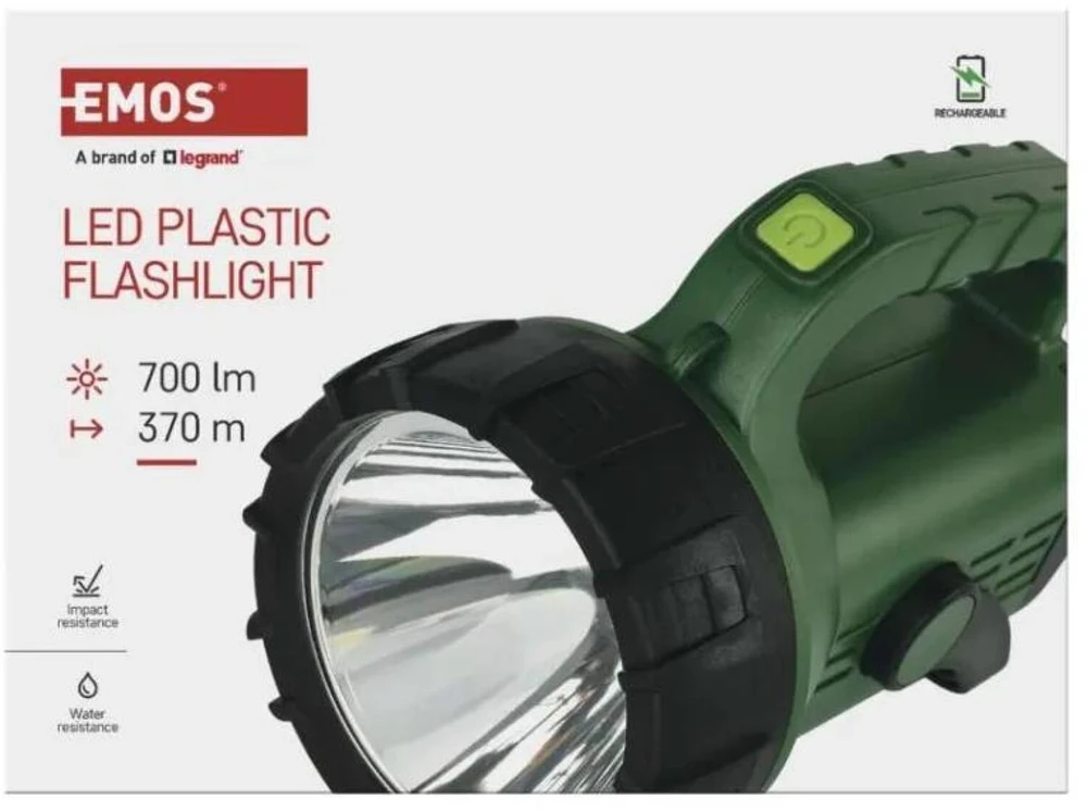 Emos LED įkraunamas žibintas P2315, 700 lm, 3600 mAh, 10+ režimų, USB C, IP43, smūgiams atsparus, akumuliatoriaus indikatorius