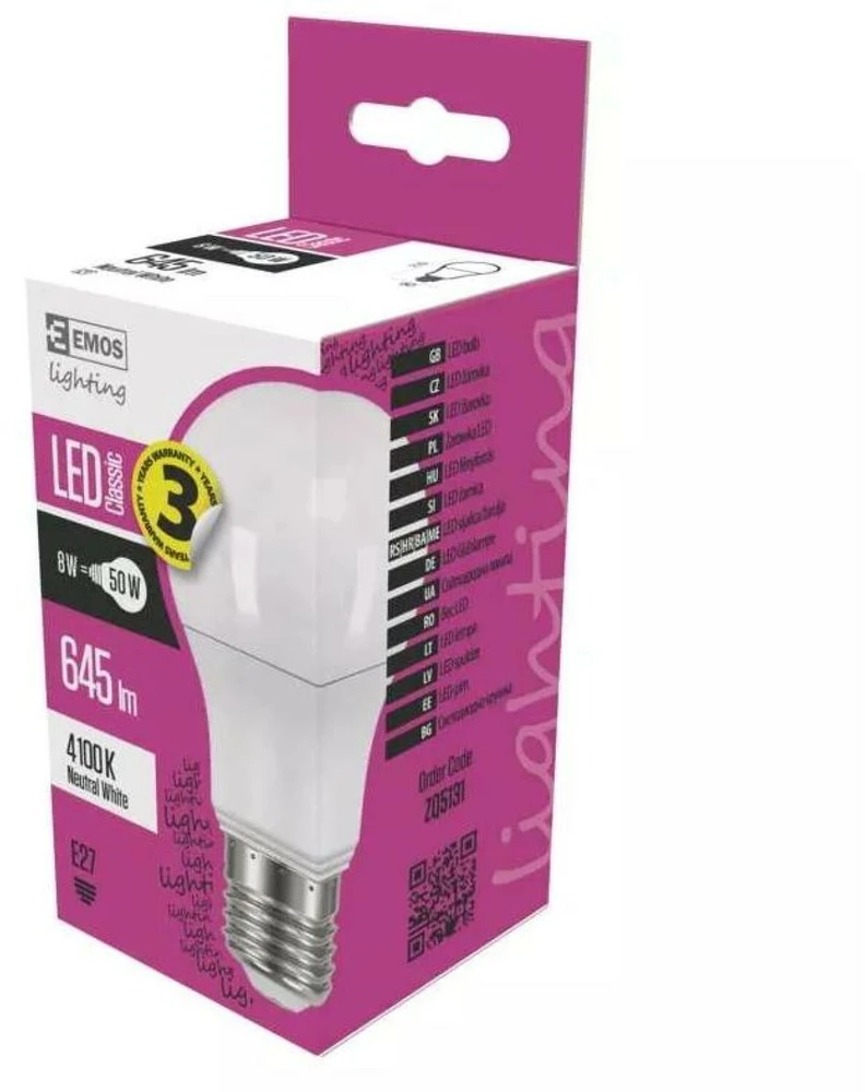 Emos LED bulb Classic A60 7,3W E27 neutral baltas