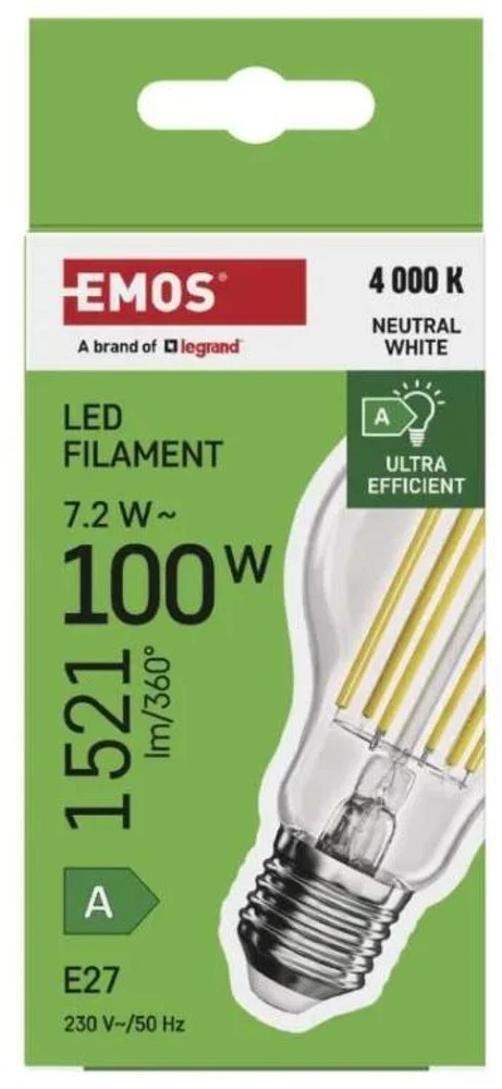 EMOS Filament A60 7,2W E27 neutrální bílá