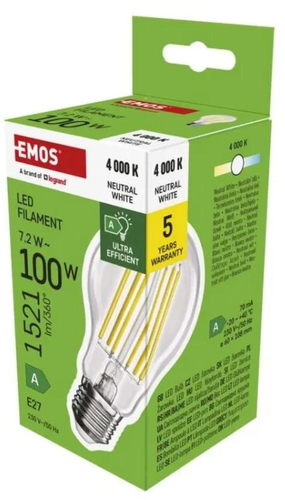 EMOS Filament A60 7,2W E27 neutrální bílá