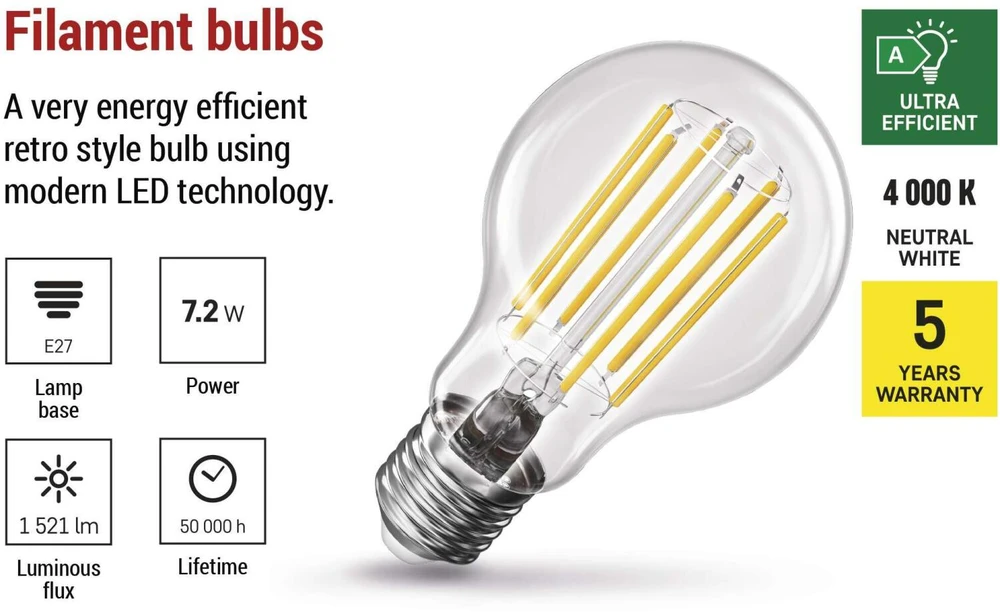 EMOS Filament A60 7,2W E27 neutrální bílá