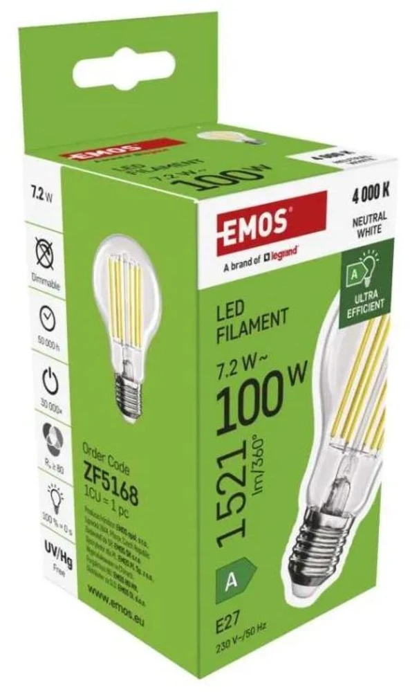 EMOS Filament A60 7,2W E27 neutrální bílá