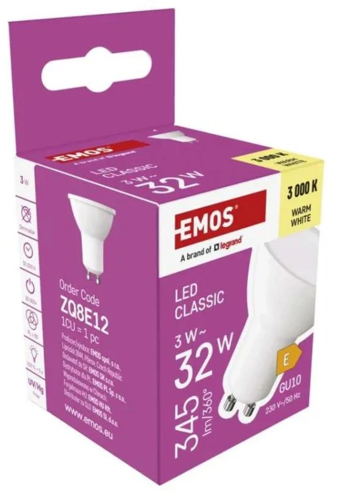 Emos Żarówka LED Classic MR16 GU10 3W (32W) 345lm 3000K ciepła biel ZQ8E12