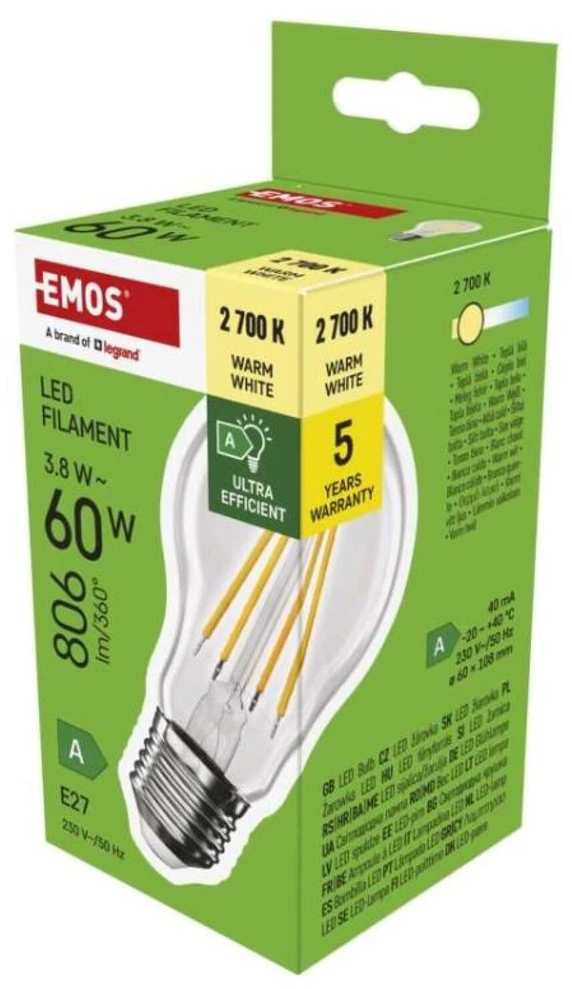 Emos Żarówka LED Filament A60 A Class E27 3,8W (60W) 806lm ciepła biel 5 metų garantija klasa AZF5147