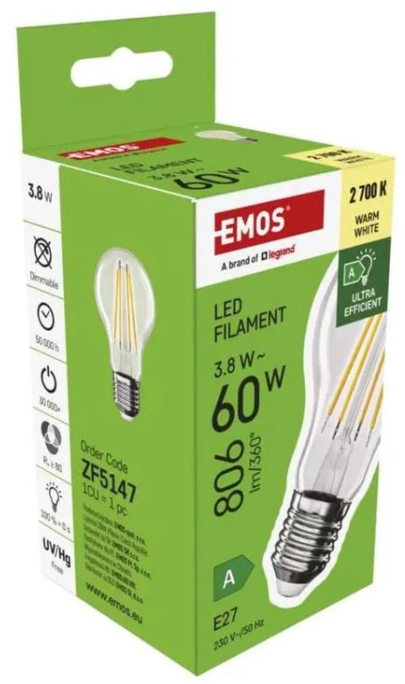Emos Żarówka LED Filament A60 A Class E27 3,8W (60W) 806lm ciepła biel 5 metų garantija klasa AZF5147