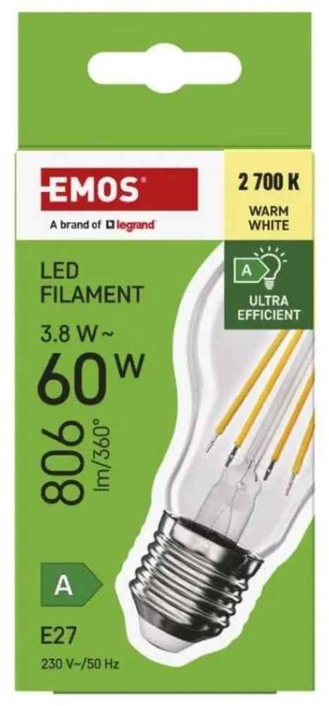 Emos Żarówka LED Filament A60 A Class E27 3,8W (60W) 806lm ciepła biel 5 metų garantija klasa AZF5147