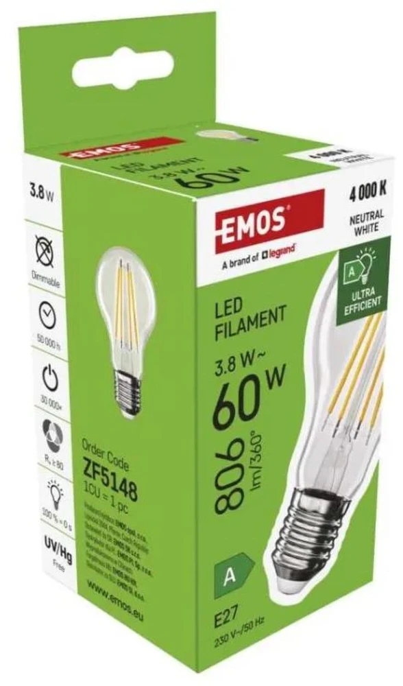 Emos LED lemputė Emos Filament ZF5148 3,8W (60W) E27 A60 3000K šilta balta