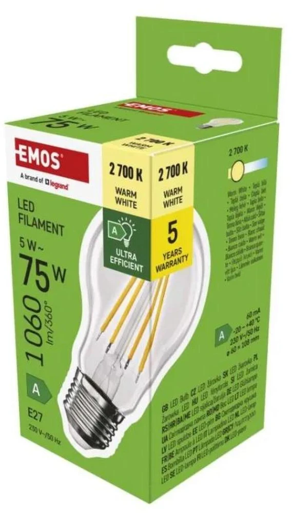 Emos Żarówka LED Filament ZF5157 5W E27 A60 2700K transparentna ciepła