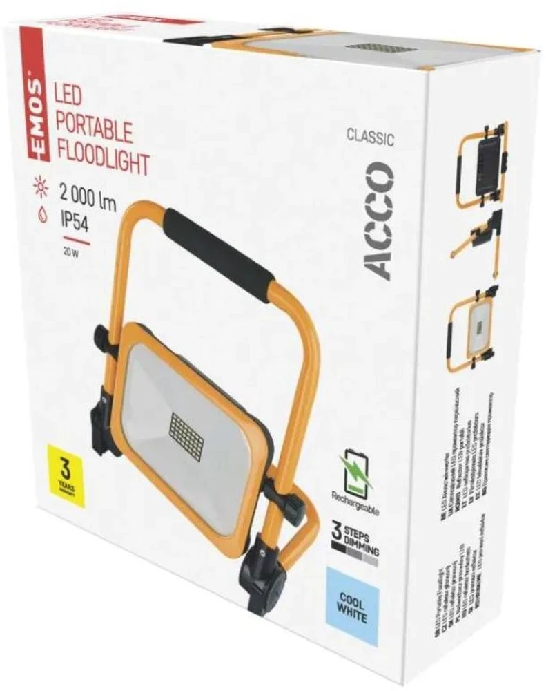 Kondicionierius Emos Geti LED spotlight ACCO rechargeable portable, 20W, yellow, cool baltas