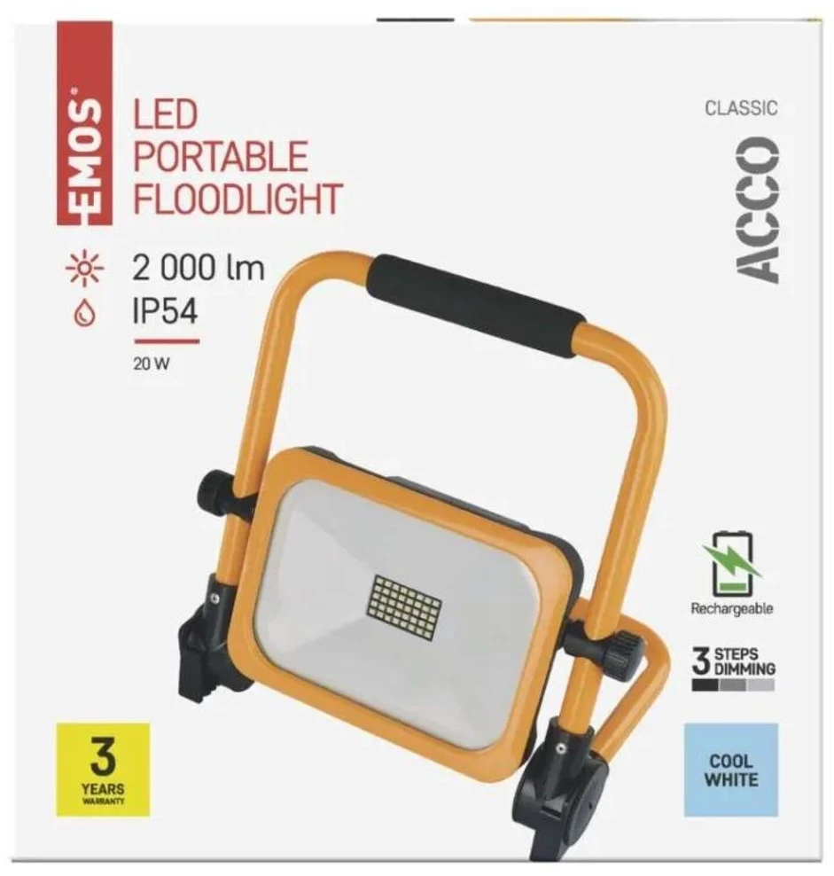 Kondicionierius Emos Geti LED spotlight ACCO rechargeable portable, 20W, yellow, cool baltas