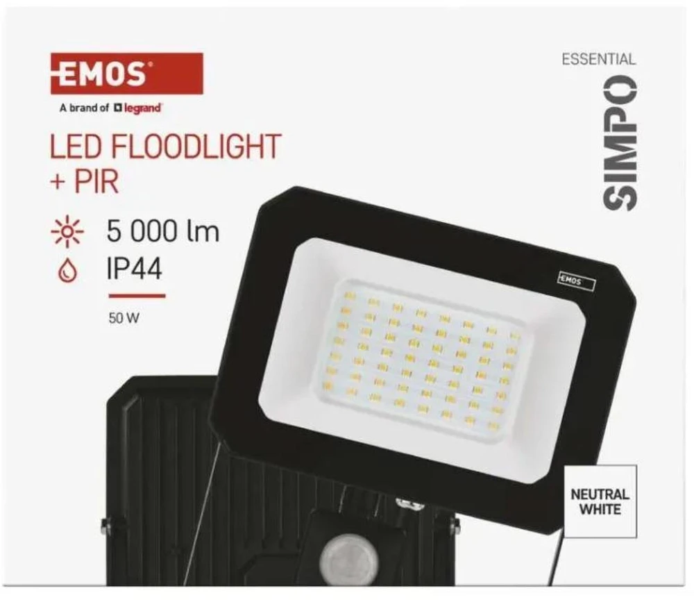 Kondicionierius Emos LED prožektorius SIMPO ZS2343, 50 W, 5000 lm, IP44, neutraliai balta, PIR jutiklis, aliuminis