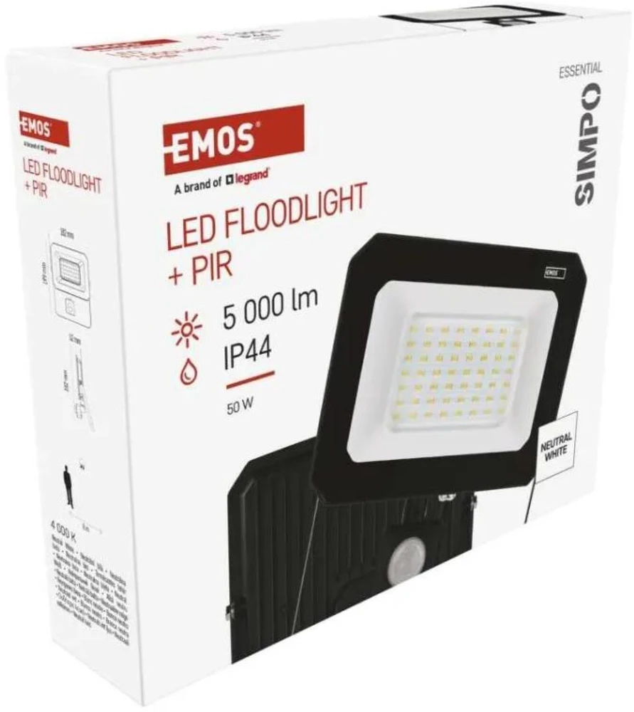 Kondicionierius Emos LED prožektorius SIMPO ZS2343, 50 W, 5000 lm, IP44, neutraliai balta, PIR jutiklis, aliuminis