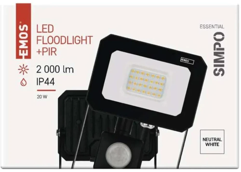 Kondicionierius Emos LED prožektorius ZS2323, 20 W, 2000 lm, IP44, neutraliai balta, 120°, PIR jutiklis, aliuminis