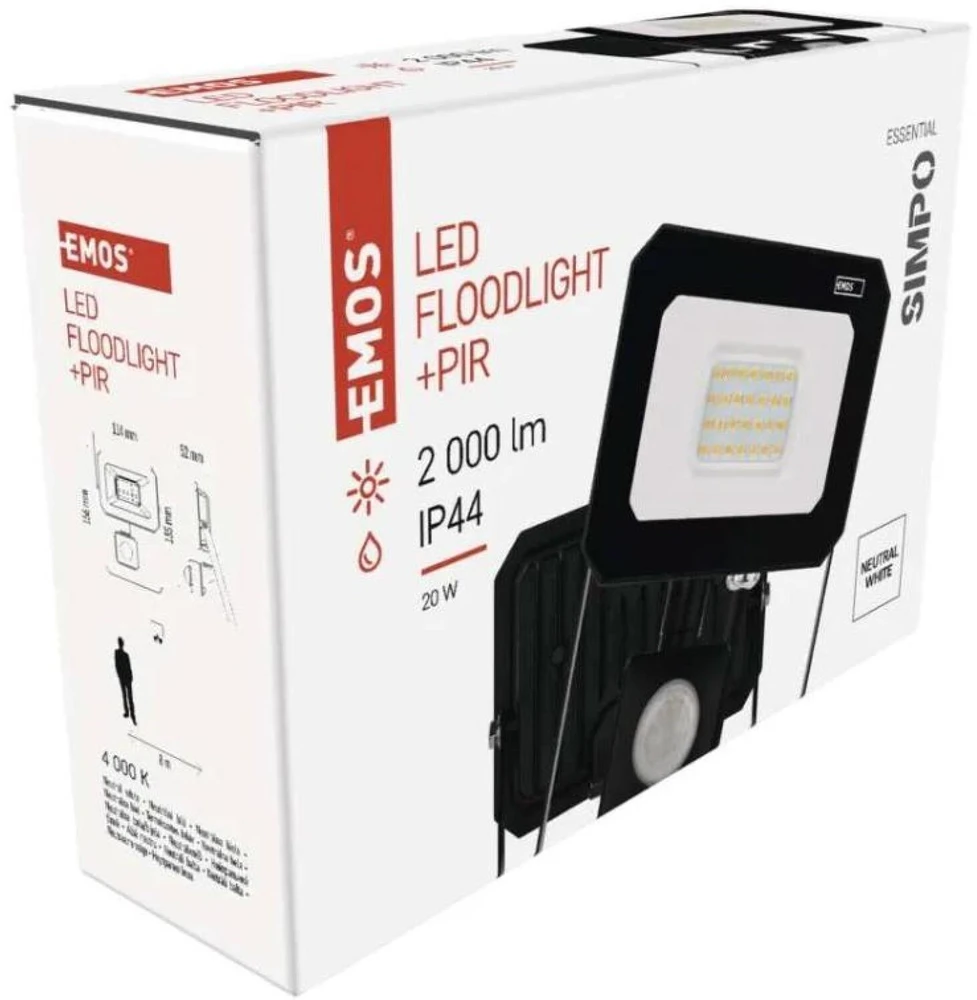 Kondicionierius Emos LED prožektorius ZS2323, 20 W, 2000 lm, IP44, neutraliai balta, 120°, PIR jutiklis, aliuminis