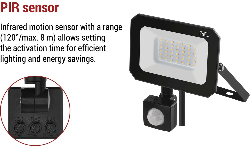 Kondicionierius Emos LED prožektorius ZS2333, 30 W, 3000 lm, IP44, neutraliai balta, PIR jutiklis, aliuminis, stiklas