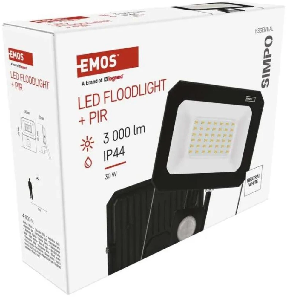 Kondicionierius Emos LED prožektorius ZS2333, 30 W, 3000 lm, IP44, neutraliai balta, PIR jutiklis, aliuminis, stiklas