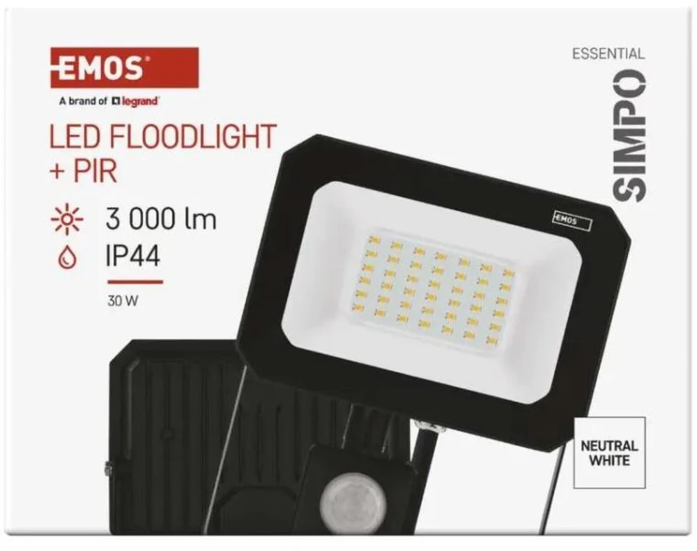 Kondicionierius Emos LED prožektorius ZS2333, 30 W, 3000 lm, IP44, neutraliai balta, PIR jutiklis, aliuminis, stiklas