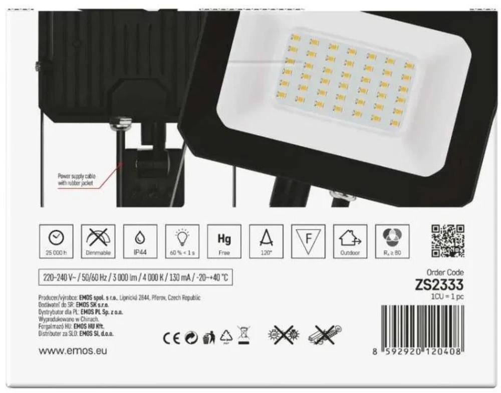 Kondicionierius Emos LED prožektorius ZS2333, 30 W, 3000 lm, IP44, neutraliai balta, PIR jutiklis, aliuminis, stiklas