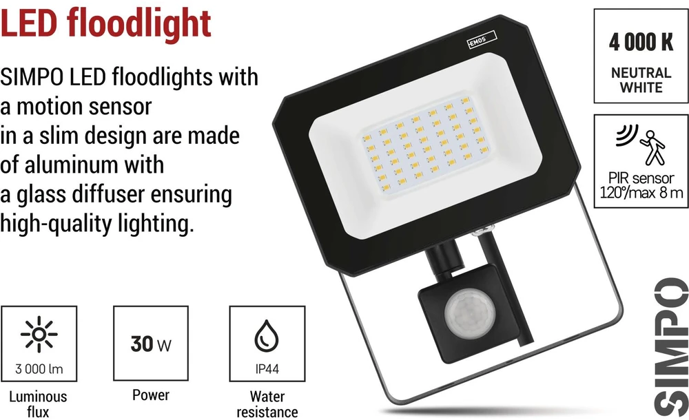 Kondicionierius Emos LED prožektorius ZS2333, 30 W, 3000 lm, IP44, neutraliai balta, PIR jutiklis, aliuminis, stiklas