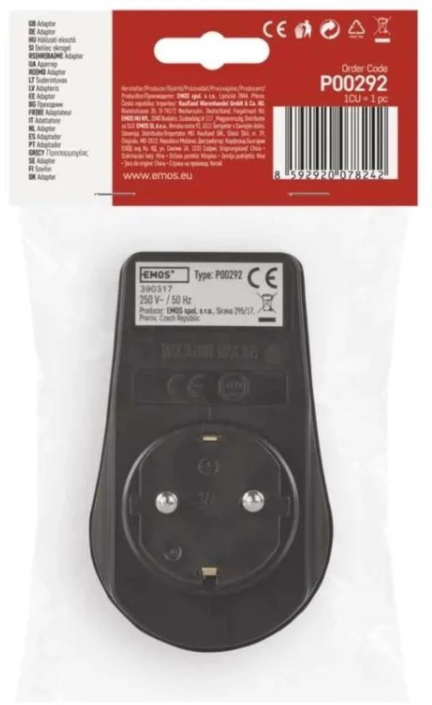 Emos Lizdas su jungikliu P00292, 1x2P+PE, 3 680 W, IP44, juoda, vaikų apsauga